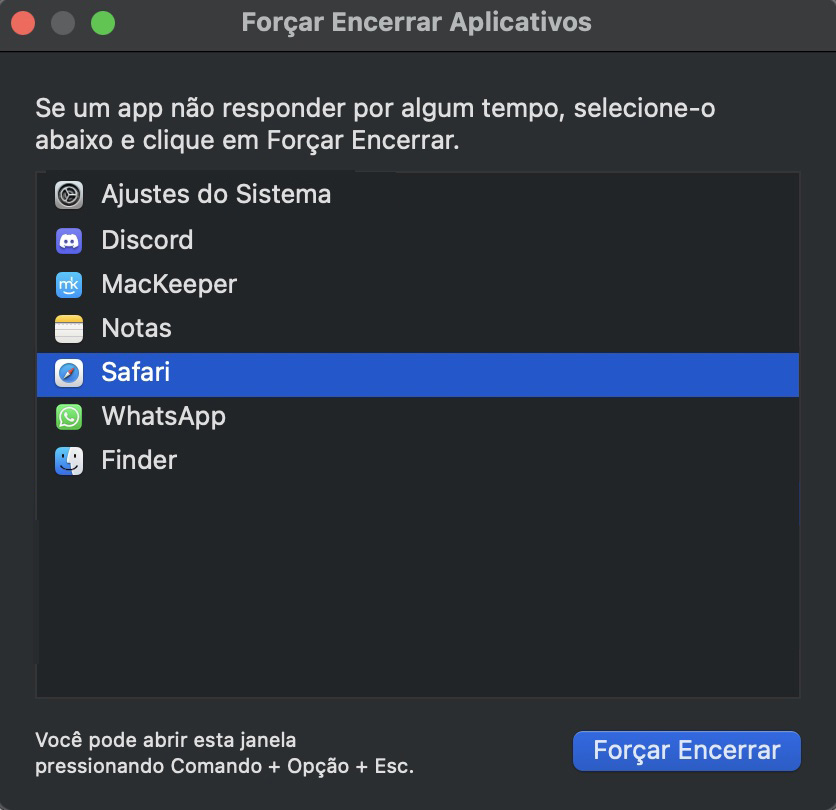 Captura de tela da janela Forçar Encerrar Aplicativos que mostra como forçar o encerramento de um aplicativo em um Mac durante a solução de problemas de alto uso de memória do WindowServer.