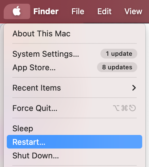 To restore your Mac to a previous date using Time Machine, click the Apple icon in the menu bar, then select Restart in the dropdown menu.