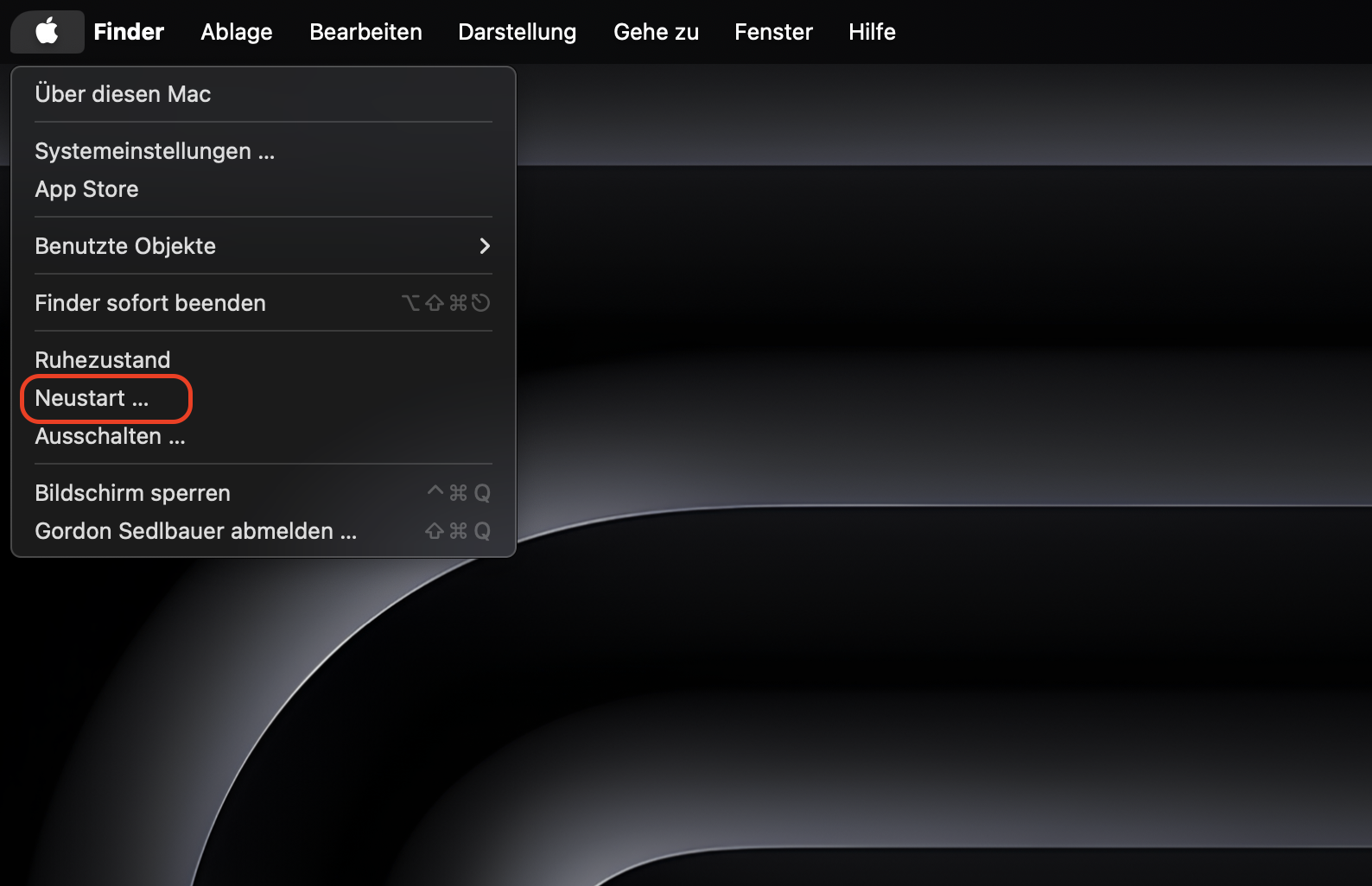 Installieren Sie macOS neu, um zu verhindern, dass Ihr Mac-Bildschirm beobachtet wird. Starten Sie dazu Ihren Mac neu, indem Sie im Apple-Menü die Option Neustart auswählen.
