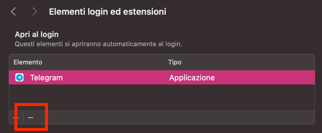 Dall’elenco Elementi di accesso, seleziona un’app di avvio che vuoi disabilitare e fai clic sul pulsante meno per rimuoverla dall’avvio automatico.
