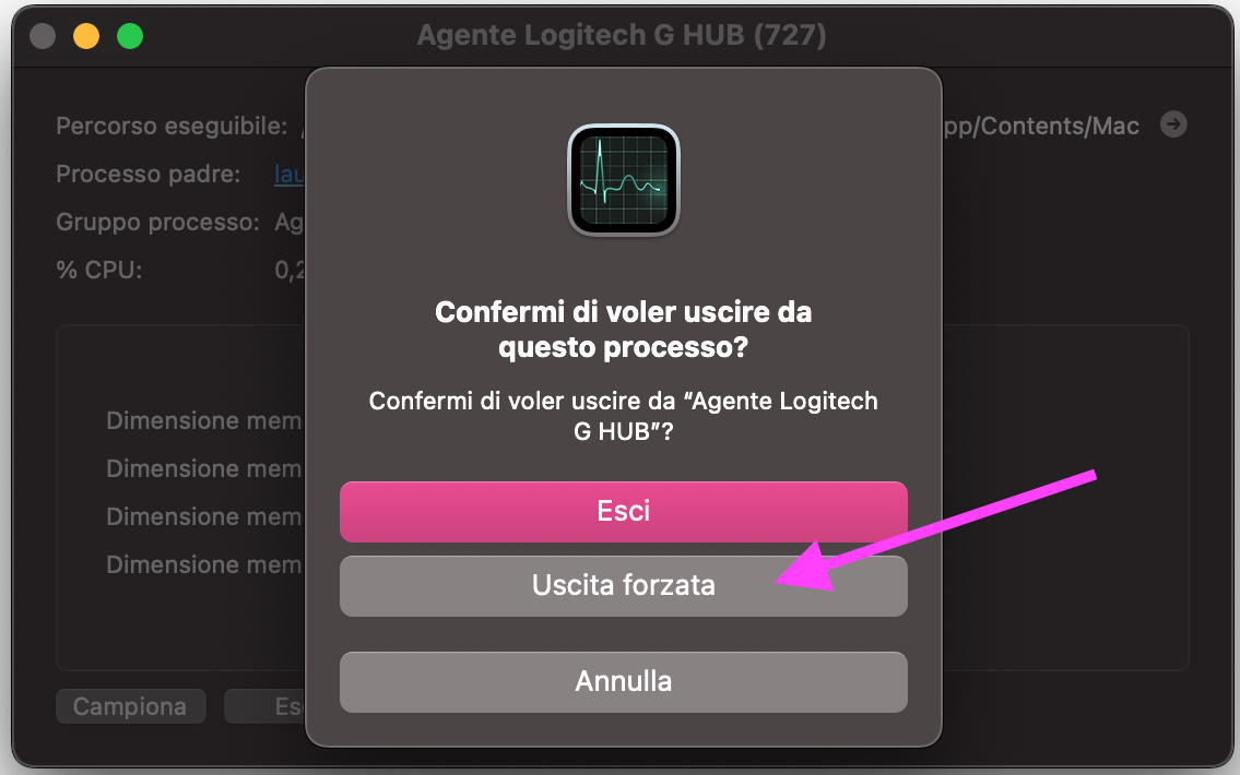 Monitoraggio Attività su Mac mostra il messaggio di Uscita forzata. Seleziona Esci per confermare.