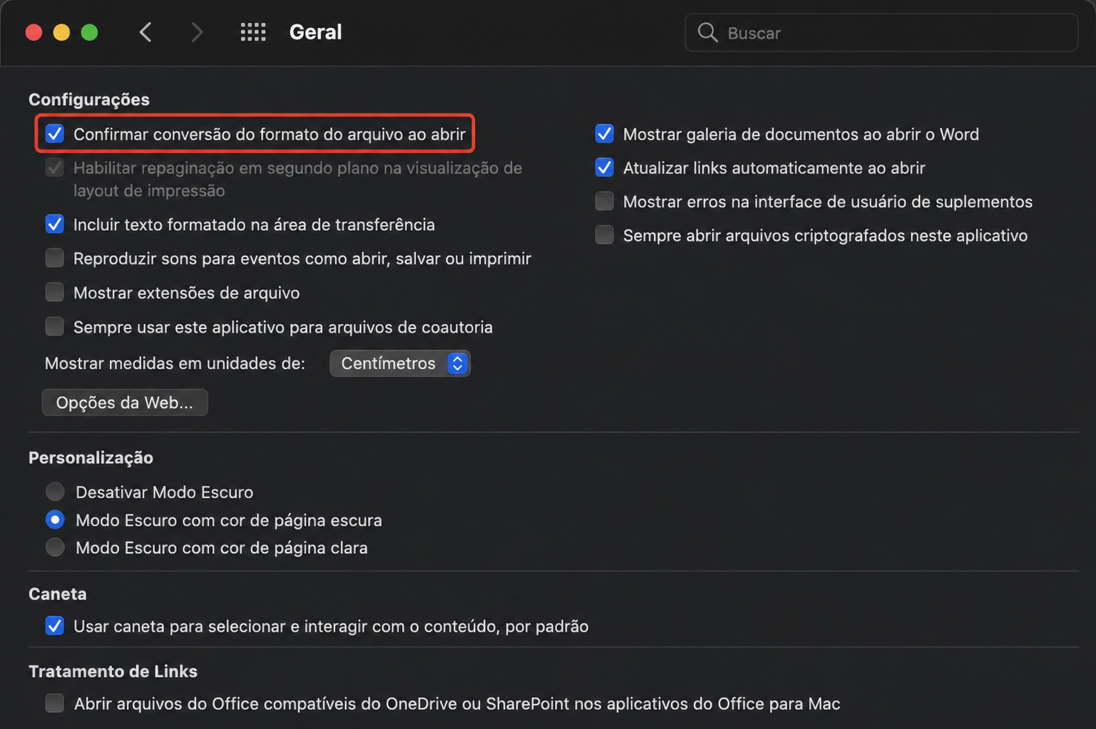 Nas configurações 'Geral' do Word, certifique-se de que 'Confirmar formato de arquivo ao abrir' esteja selecionado.