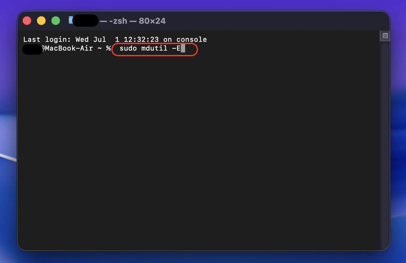 When Terminal opens, type the sudo mdutil -E / command, then enter your password, if prompted, and click Return for the system to erase the current Spotlight index.