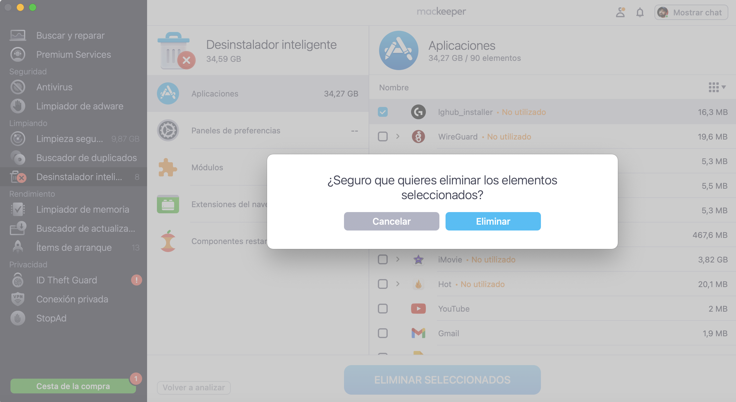 Para completar la eliminación de los elementos innecesarios, haz clic en Eliminar en la ventana emergente.