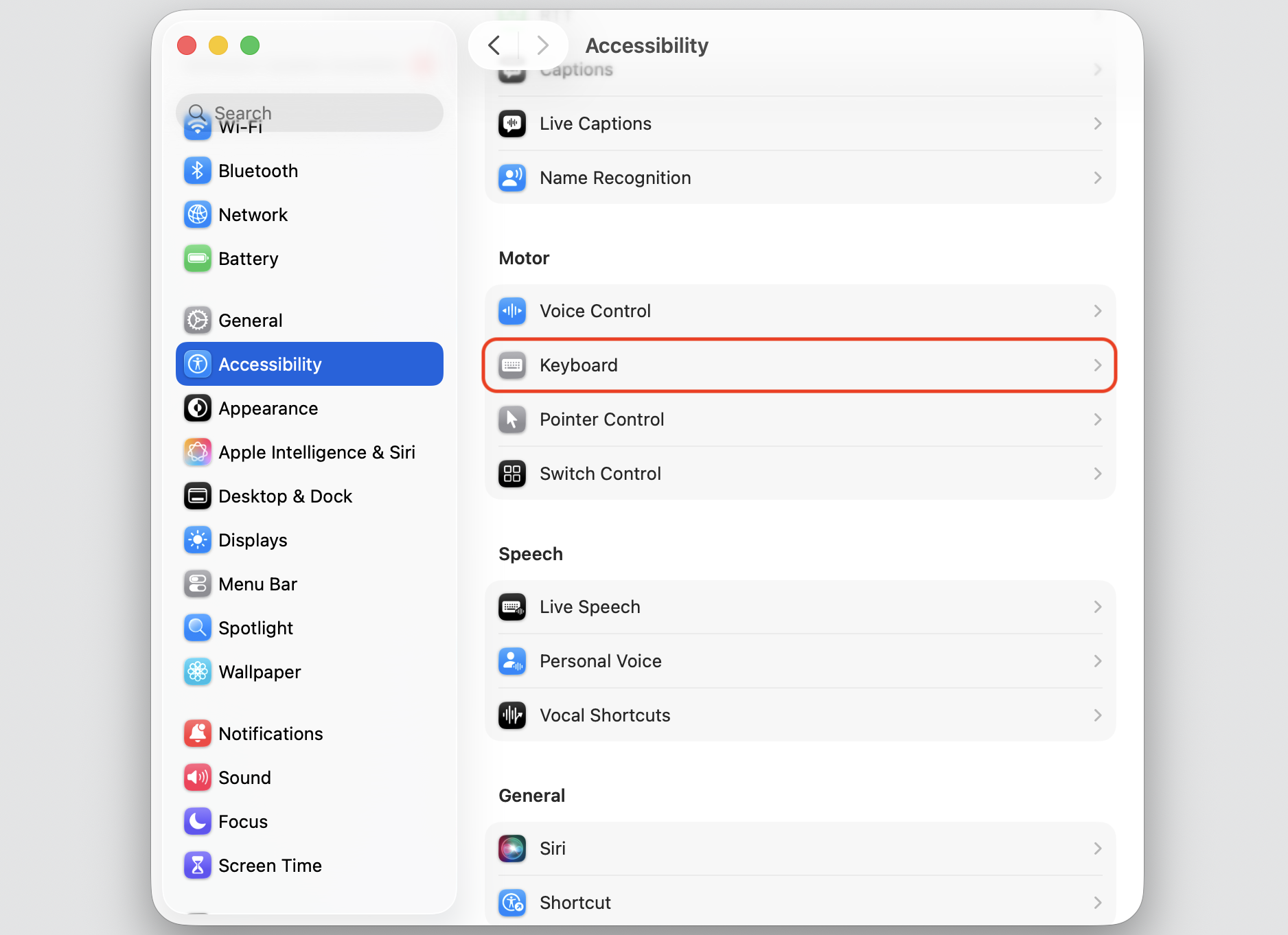 The Accessibility Keyboard pane in macOS System Settings on an Apple computer, where you review Slow Keys and Sticky Keys affecting shortcuts.