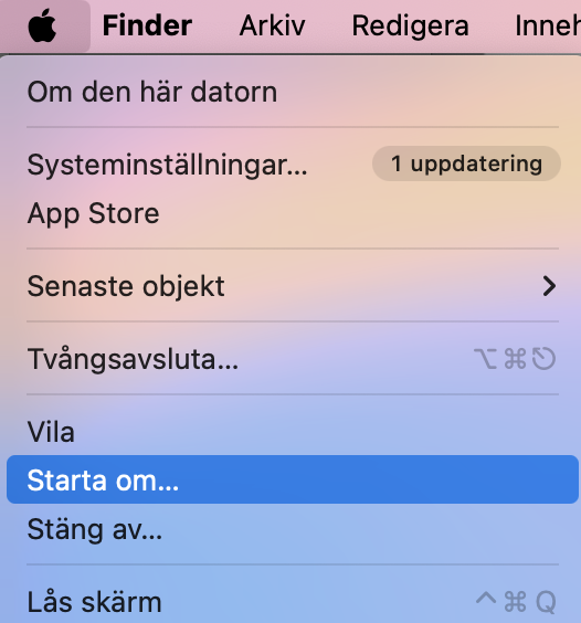 Ibland är det enklaste det bästa; se till att alla dina appar är stängda. Klicka sedan på Apple-ikonen och välj Starta om. Det stänger alla Safari-processer och öppnar dem på nytt.