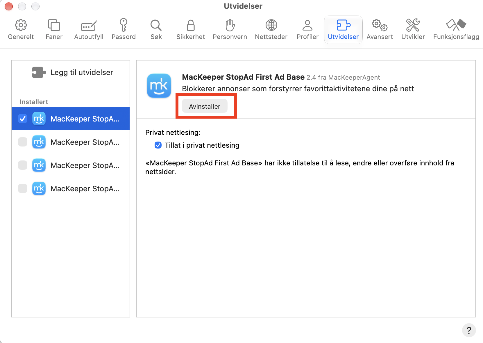 Noe skadelig programvare infiserer nettlesere via utvidelser. I Safari må du finne den mistenkelige utvidelsen i innstillingene dine, og deretter klikke på Avinstaller-knappen. Dette avslører hvor utvidelsen er installert, slik at du kan slette den.