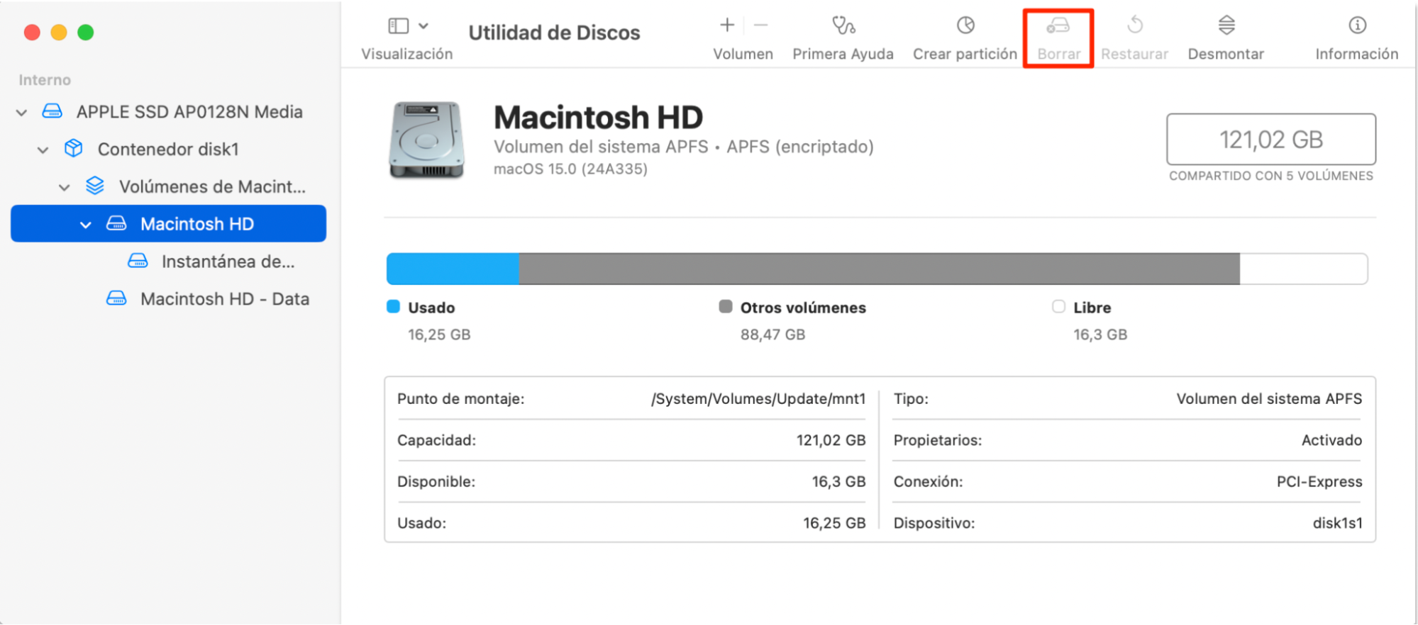 Cuando veas la ventana USB DISK, asegúrate de seleccionar el USB DISK en la parte izquierda de la pantalla y, a continuación, ejecuta la función Borrar en la parte derecha; ve los resaltados en rojo.