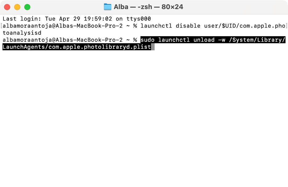 To turn off photolibraryd on Mac, type the command, then hit Enter.