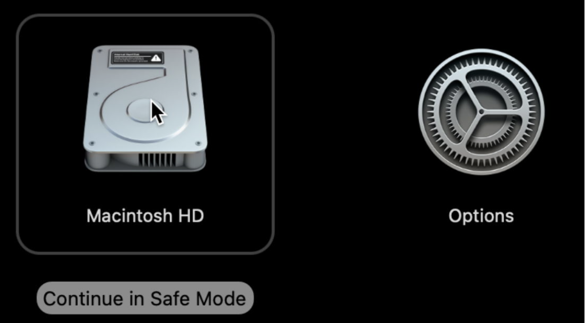 To safely boot your Mac into Safe Mode, you’ll first need to restart your Mac. Press and hold the power button as it turns on, select Macintosh, and hold down Shift to be able to click on Continue in Safe Mode.