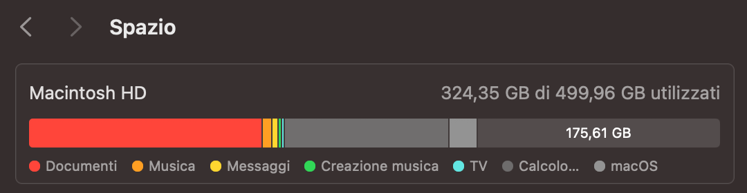Qui troverai una rappresentazione visiva dell'utilizzo dell'archiviazione e i dettagli sullo spazio disponibile sul tuo Mac.