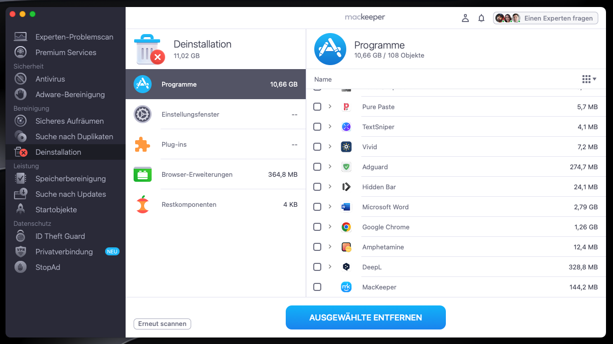 Nach dem Scan zeigt das intelligente Deinstallationsprogramm von MacKeeper eine Liste der Dateien an, die sicher entfernt werden können. Wählen Sie die Dateien aus und klicken Sie auf Ausgewählte entfernen.