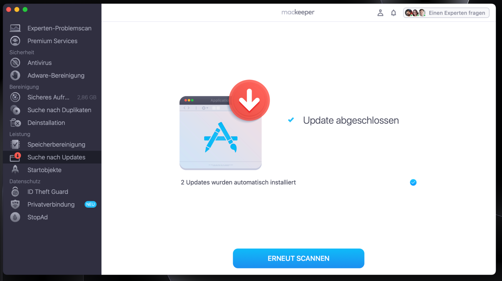 Der Aktualisierungsvorgang ist abgeschlossen. Klicken Sie gegebenenfalls auf Erneut scannen, um nach weiteren verfügbaren Aktualisierungen zu suchen.
