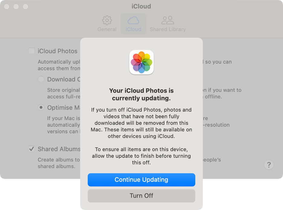 To turn off the iCloud syncing feature, click Turn Off in the new window.