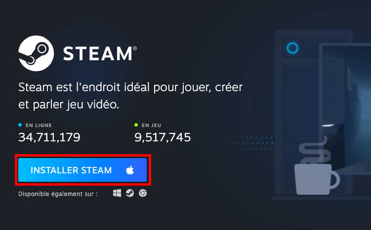 La fenêtre de navigation affiche la page de téléchargement de Steam. Cliquez sur le bouton Installer Steam pour lancer le téléchargement.