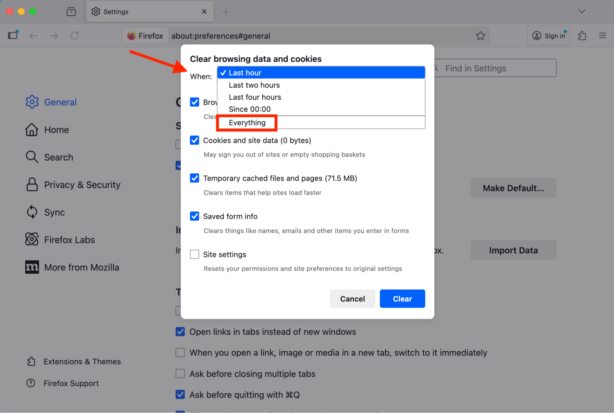 The clear browsing data feature inside Mozilla Firefox on Mac. This is the best way to clear the Google Drive cache on Mac if you use Drive inside the Firefox browser.