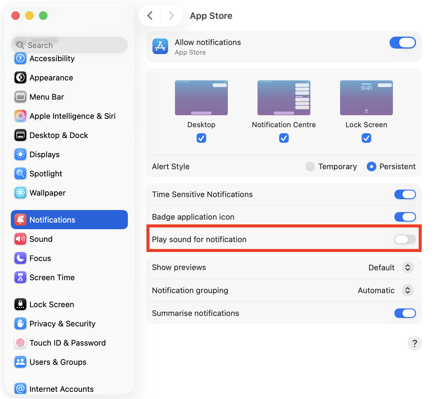 The notification options for an app in System Settings on Mac. To silence notifications but not disable them on Mac, turn off Play sound for notification.