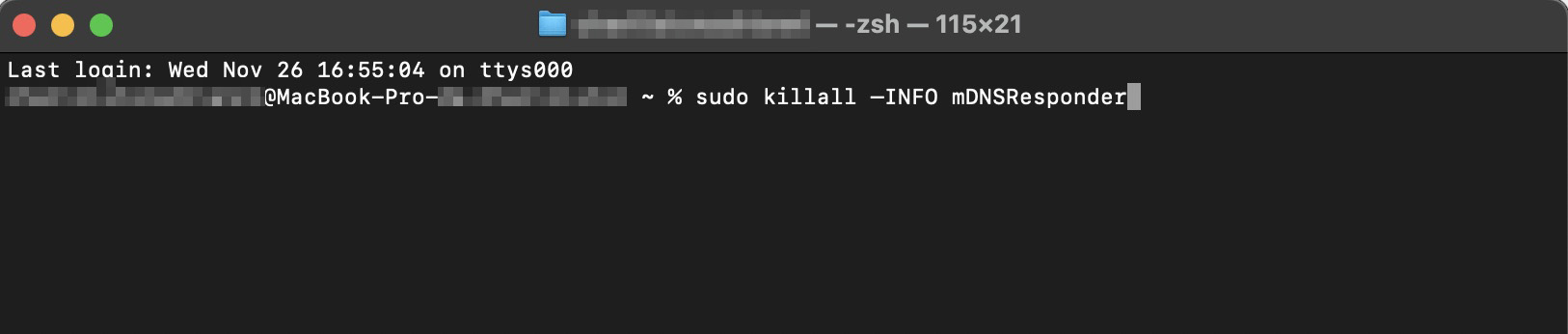 Você precisará ir ao aplicativo Terminal após abrir o Console. Lá, digite sudo killall —INFO mDNSResponder e pressione a tecla Enter no seu Mac para continuar.