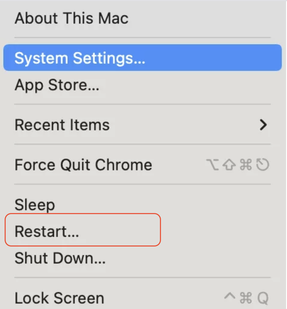 The Apple menu is opened on a Mac. Click on the Restart option to boot Mac in Recovery Mode before doing a macOS Catalina factory reset.