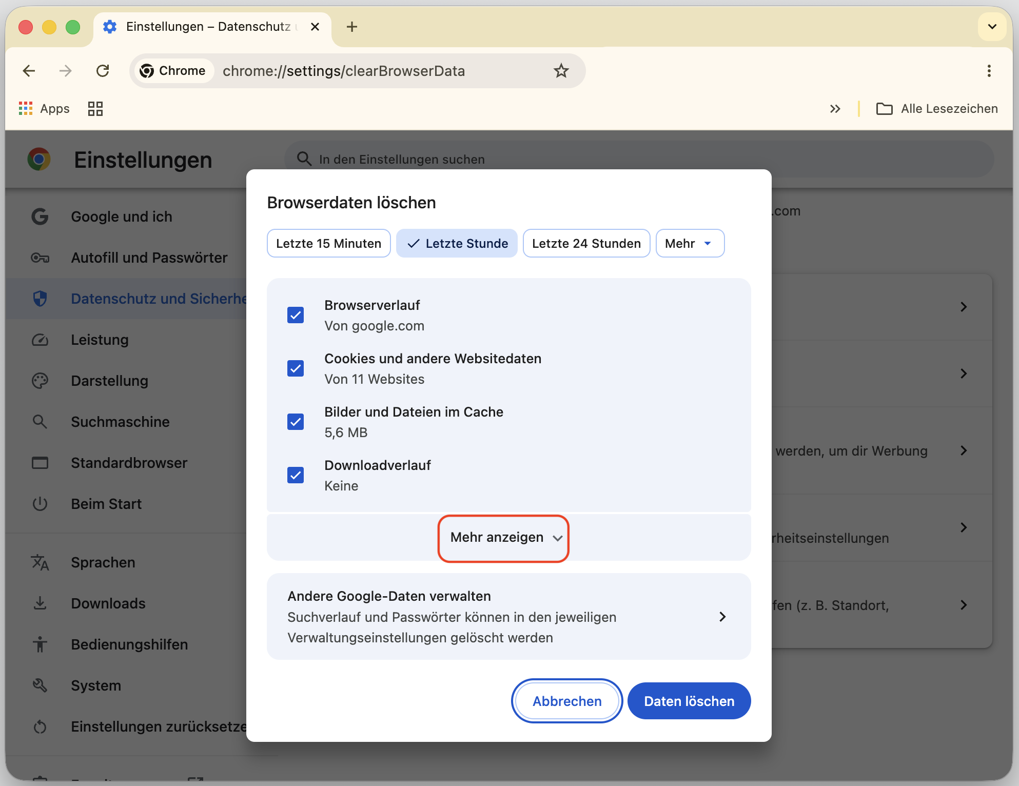 Dialogfeld Browserdaten löschen in Chrome mit erweiterten Optionen. So setzen Sie Chrome zurück, als Teil einer Anleitung, wie man gefälschte McAfee-Pop-ups auf dem Mac blockieren kann.
