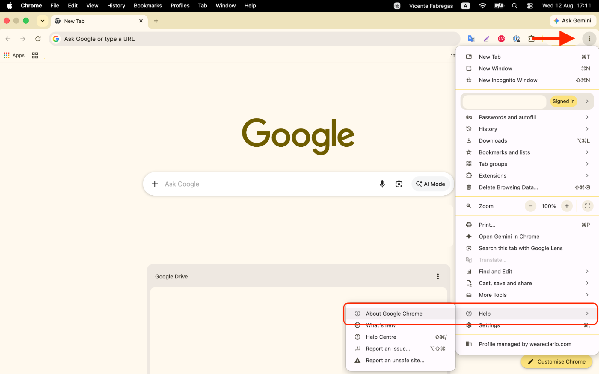Google Chrome on a MacBook with the three-dot menu open at Help then About Google Chrome to update the crashing browser.