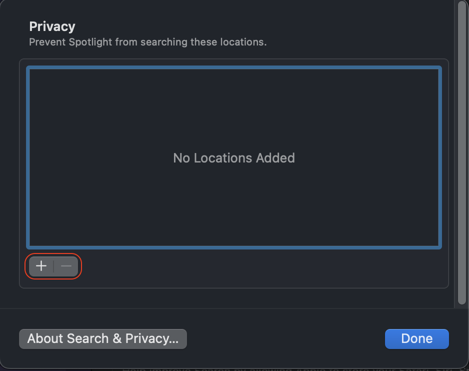 Search Privacy settings are opened on a Mac. Click the add (+) button to disable and enable Spotlight access for Photos.
