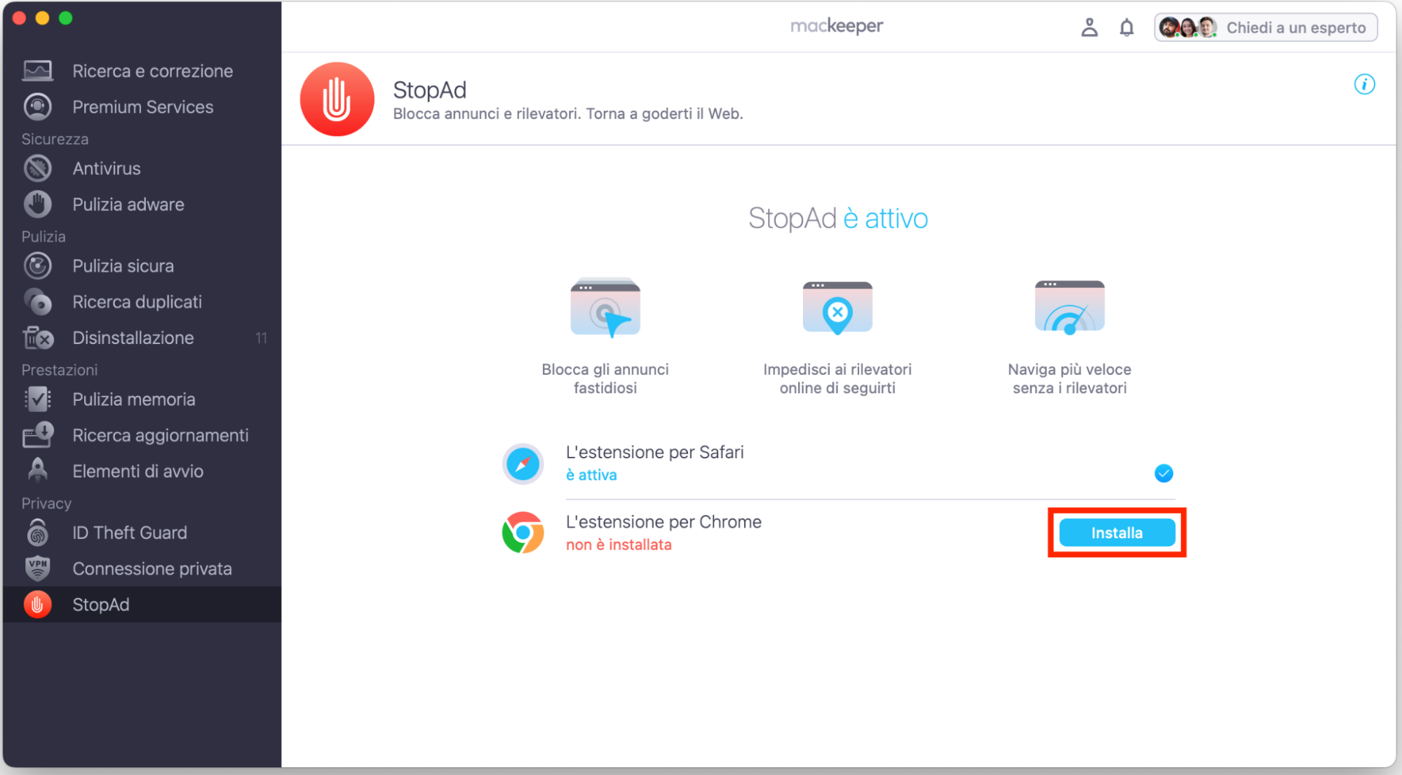 StopAd di MacKeeper, con Installa evidenziato accanto a Chrome. Usare gli ad blocker, parte di una guida su come bloccare i falsi pop-up McAfee su Mac.