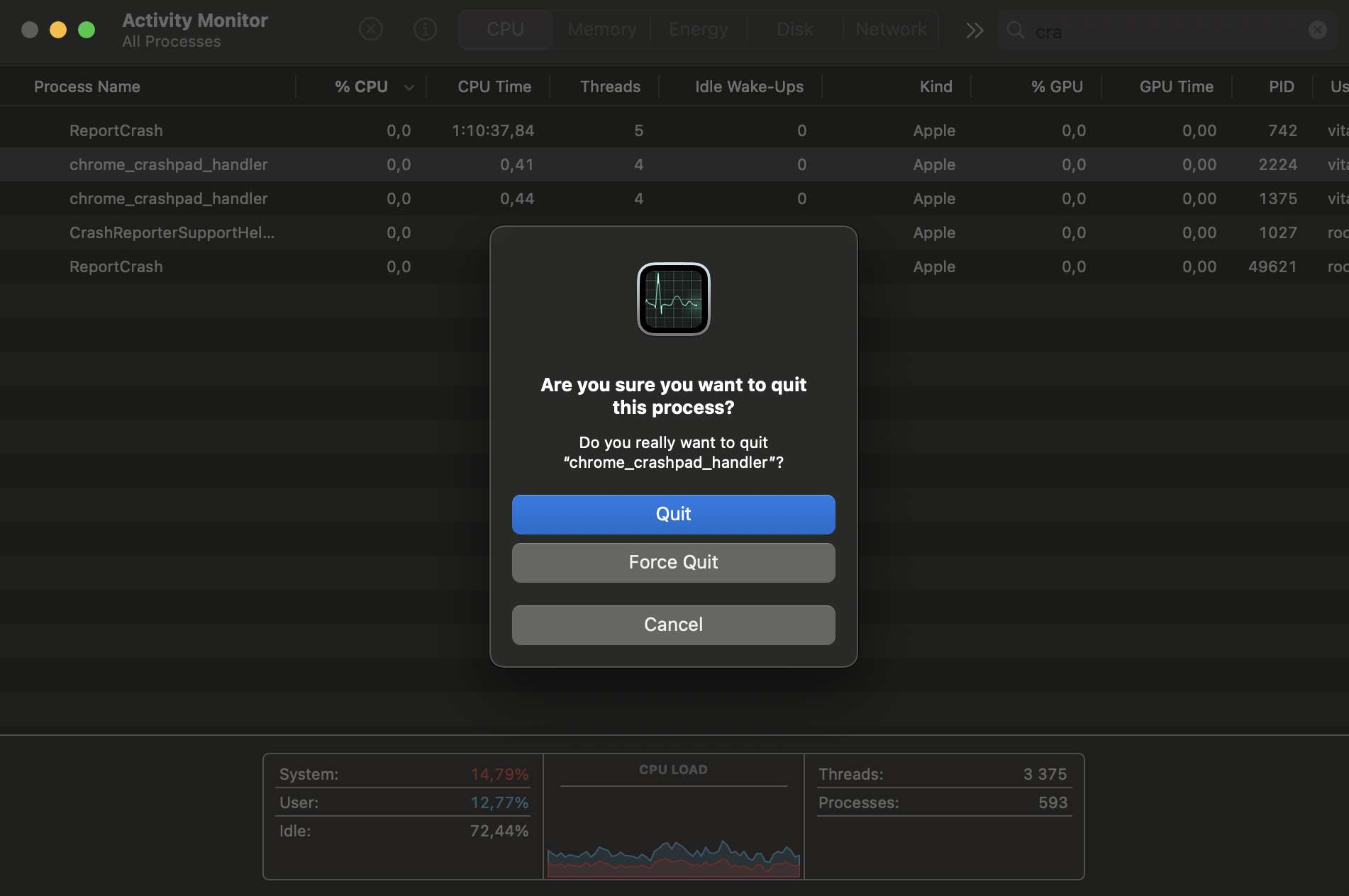 Activity Monitor quit confirmation dialog on macOS prompting the user to choose Force Quit for chrome_crashpad_handler on an Apple laptop.