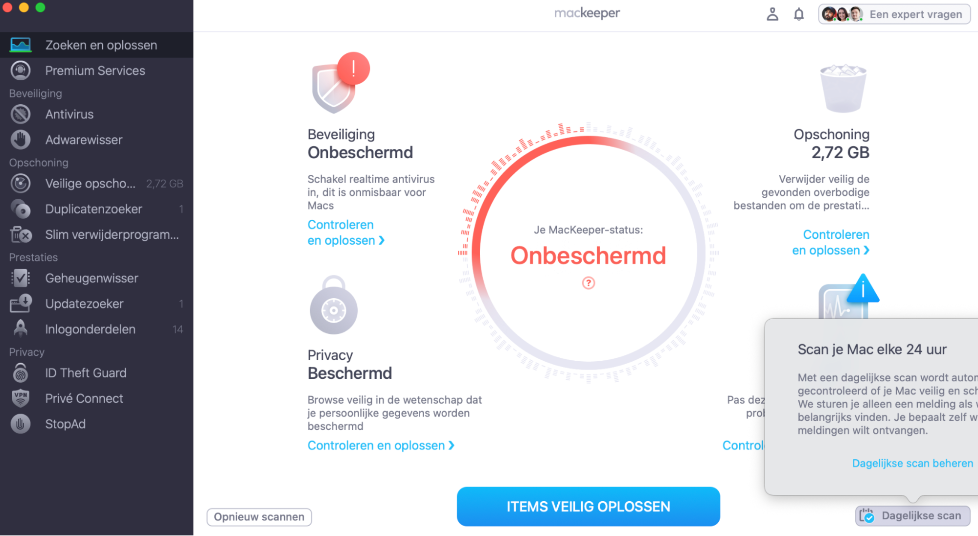 Klik op Dagelijkse scan voor een automatische scan van je Mac. Je ontvangt een melding als de app iets kritisch vindt.
