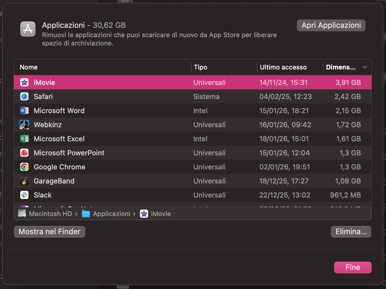 Quando il tuo Mac mostra i diversi file e le cartella da eliminare, scegli quelli che desideri rimuovere e tocca il pulsante Elimina. Puoi anche individuare quali file occupano più spazio.