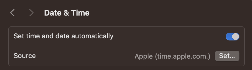 The toggle you need is at the top of the next window. Set this to automatically, and choose Apple's server as your preferred source.