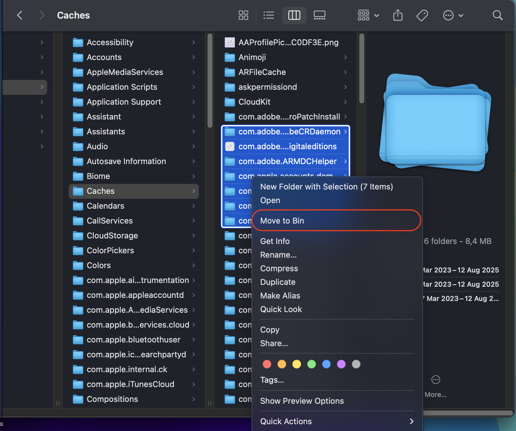 When the cache folder is opened, select all files and subfolders you need to delete, right-click them, and choose Move to Bin option or drag them to the Trash manually.