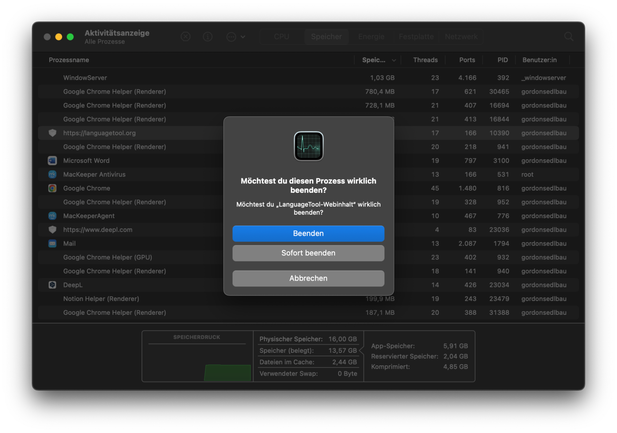 Die Aktivitätsanzeige in macOS Monterey zeigt die Aufforderung an, die beim Beenden eines Prozesses angezeigt wird. Wählen Sie Beenden oder Sofort beenden, um den Vorgang zu bestätigen.