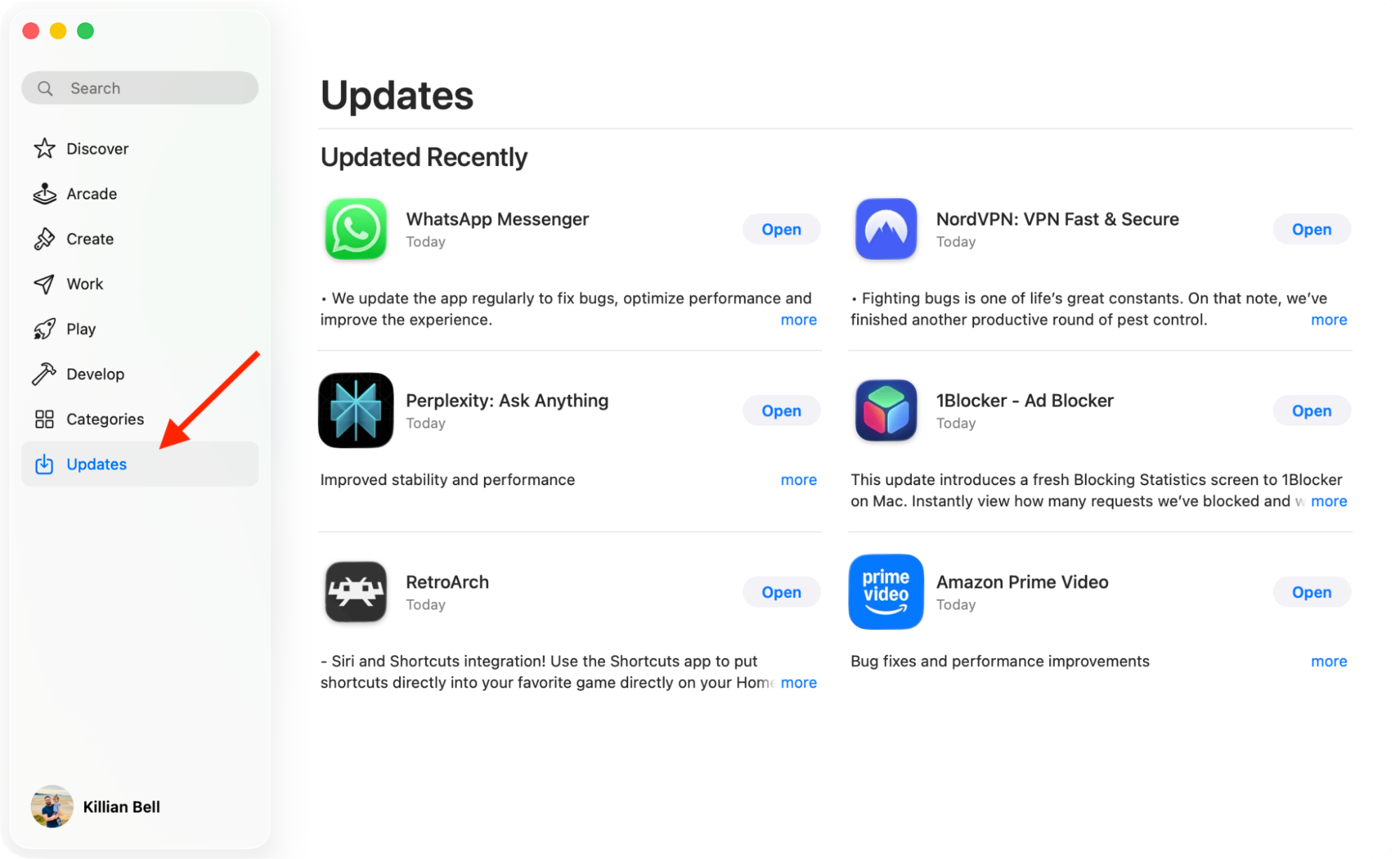 The Updates section in the App Store on Mac. Try updating Outlook when Exchange password required errors prevent you from accessing emails.