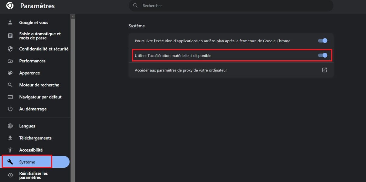Pour désactiver l’accélération matérielle dans vos paramètres, sélectionnez Système.