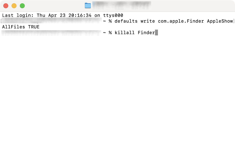 To show all hidden files on your MacBook, type the command killall Finder, then press Enter.