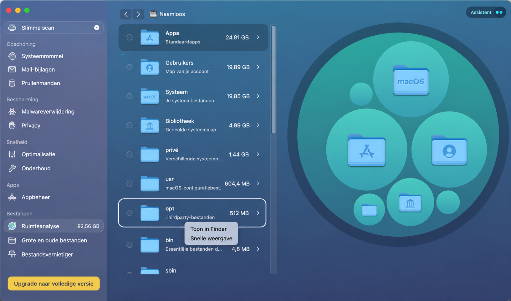 Nu zie je de Space Lens-functie van CleanMyMac tijdens het gebruik. Hier is de lijst met mappen die in Finder kunnen worden geopend om het gewenste bestand te vinden en verdere bewerkingen op de inhoud uit te voeren.