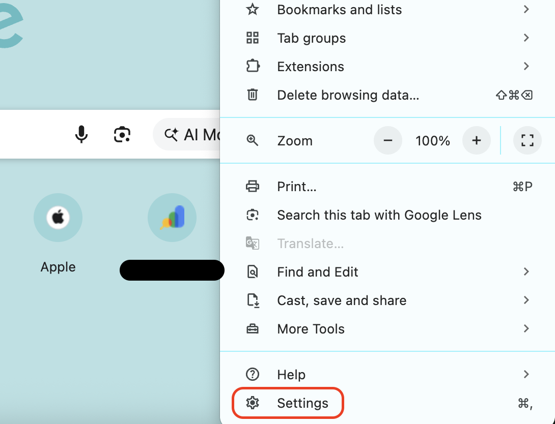 From the Chrome menu, select Settings to open the browser configuration page and manage privacy, extensions, and security options.