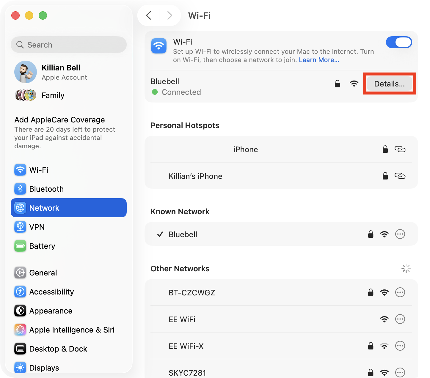 The Network menu inside System Settings on Mac. Choose your network, then click Details to renew the DHCP lease and solve issues that cause the NSURLErrorDomain error -1012 message.