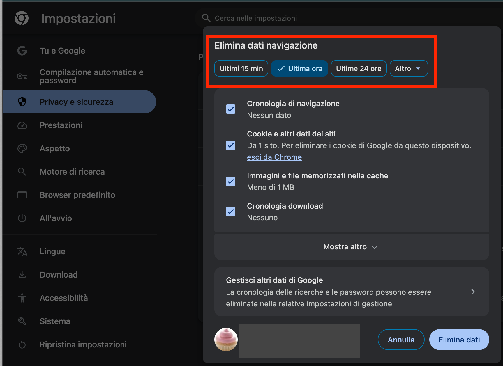 La finestra Elimina dati di navigazione di Chrome, con la scheda aperta. Come reimpostare Chrome, come parte di una guida su come bloccare i falsi pop-up McAfee su Mac.