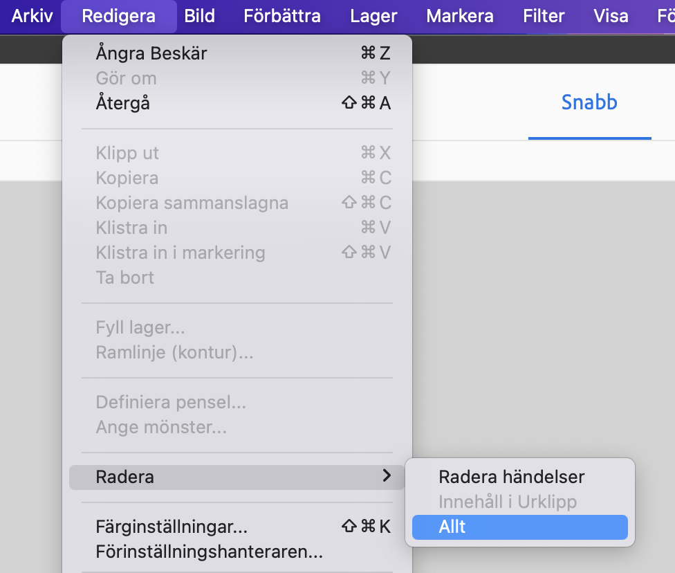 Photoshop-menyn på Mac som visar alternativen för Radera. För att rensa din Photoshop-cache klickar du på Allt och sedan på OK för att bekräfta.