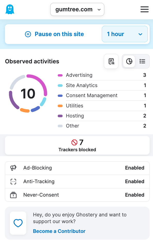Ghostery is a free ad and tracker blocker, which gives you an intuitive color-coded charge of the trackers and ads it's blocked on particular pages.