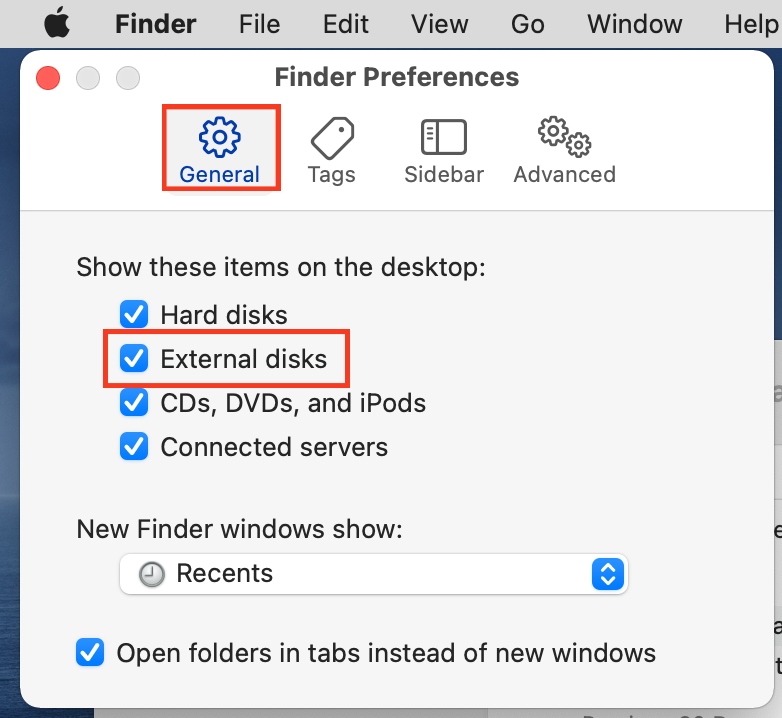 The Finder Preferences window is opened on a Mac. Select General and enable the External disks setting to find an external hard drive on a Mac.