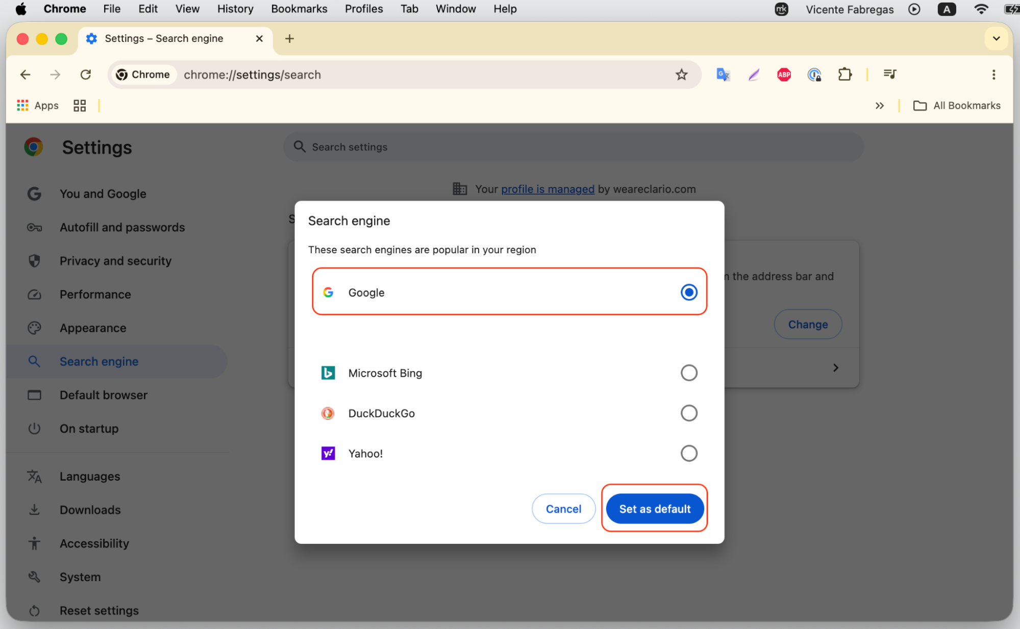 Chrome search engine settings on an Apple device where a trusted search engine is chosen and Set as Default after removing Chromium.