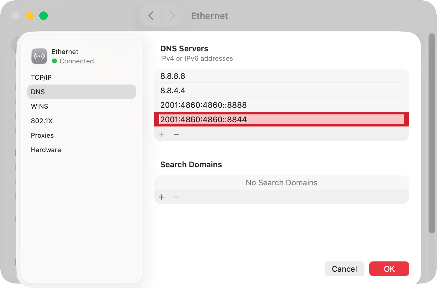 Now, in the DNS servers list, click the plus button and start adding the Google DNS servers. Add them all this way, then click the 'OK' button.