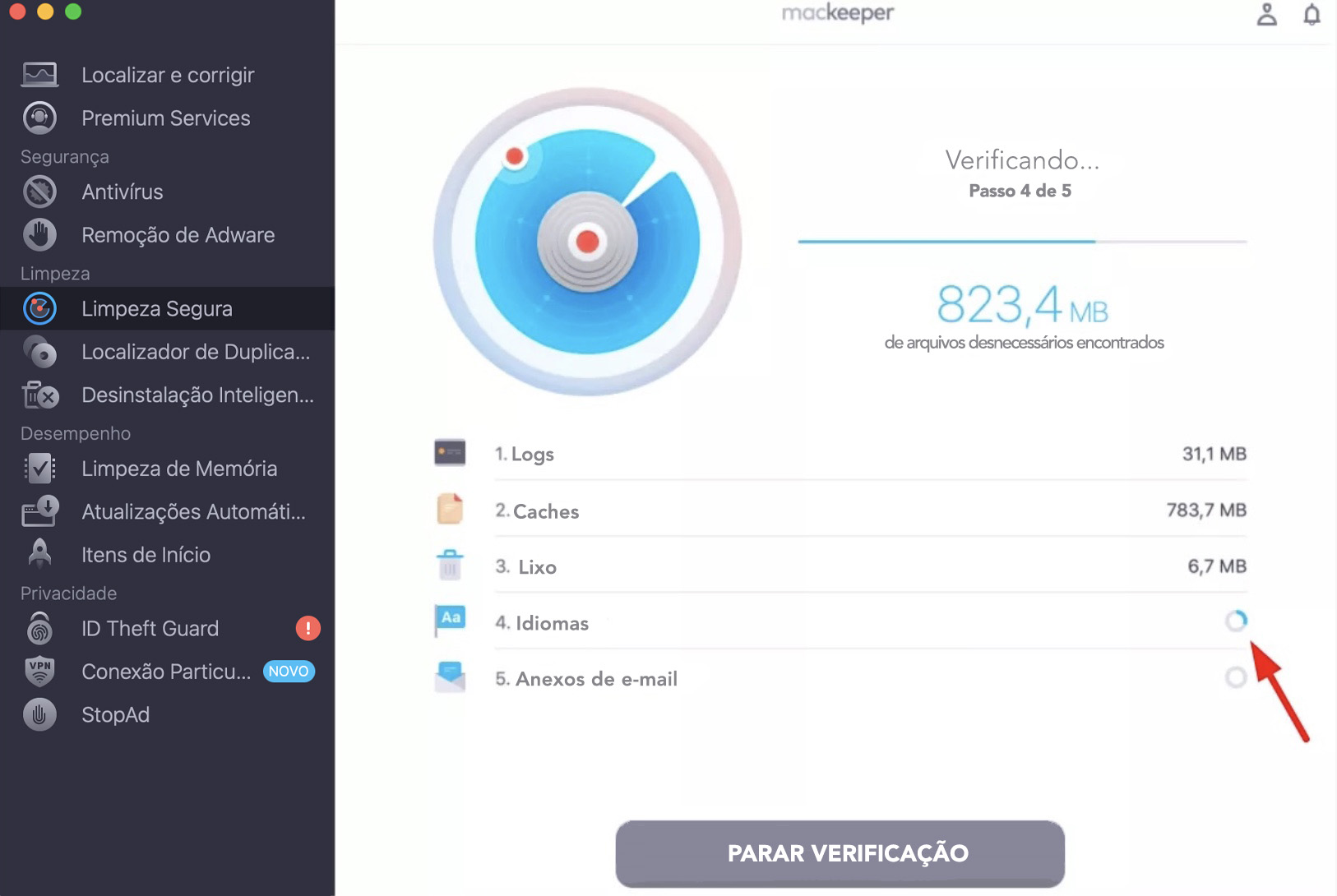 A Limpeza Segura fará uma varredura no seu Mac em busca de arquivos de log antigos, dados em cache, itens da lixeira e muito mais. Durante a análise, você poderá acompanhar em tempo real a contagem dos resultados encontrados.