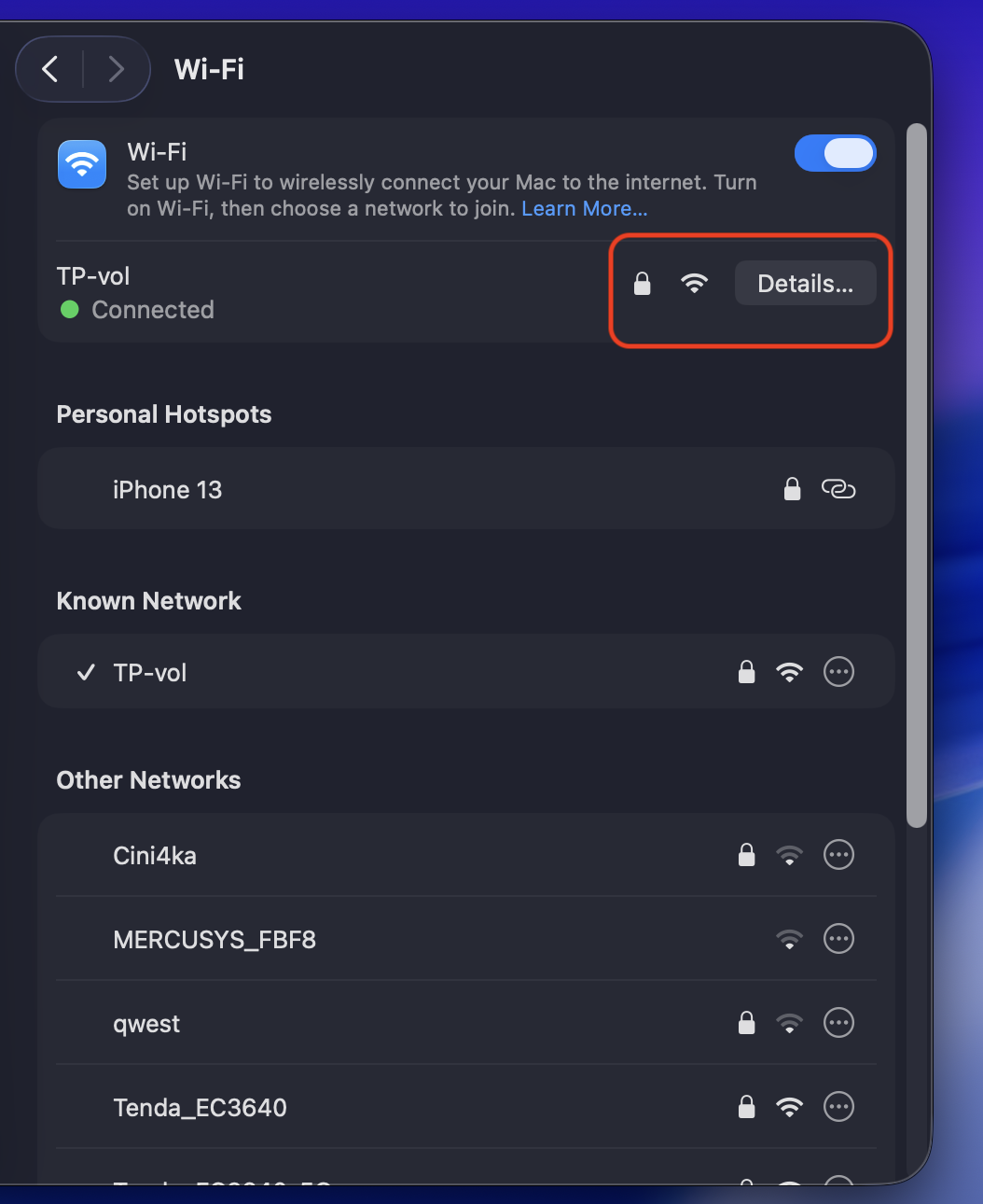 Now that you’re in Network settings, click on your active Wi-Fi or Ethernet connection to fix the Network accounts are unavailable error on a Mac.