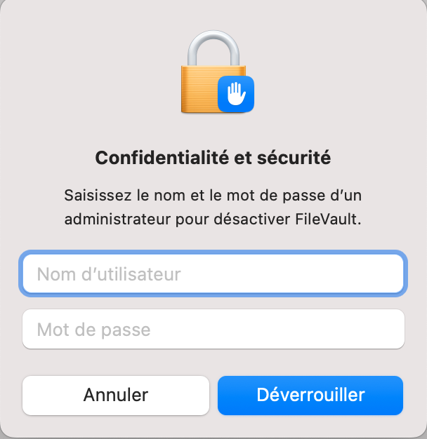 Dans une fenêtre pop-up, il vous sera demandé d’entrer vos identifiants d’administrateur avant que vous puissiez activer ou désactiver FileVault et voir si cela accélère ou non la vitesse de démarrage et de traitement interne de votre Mac.