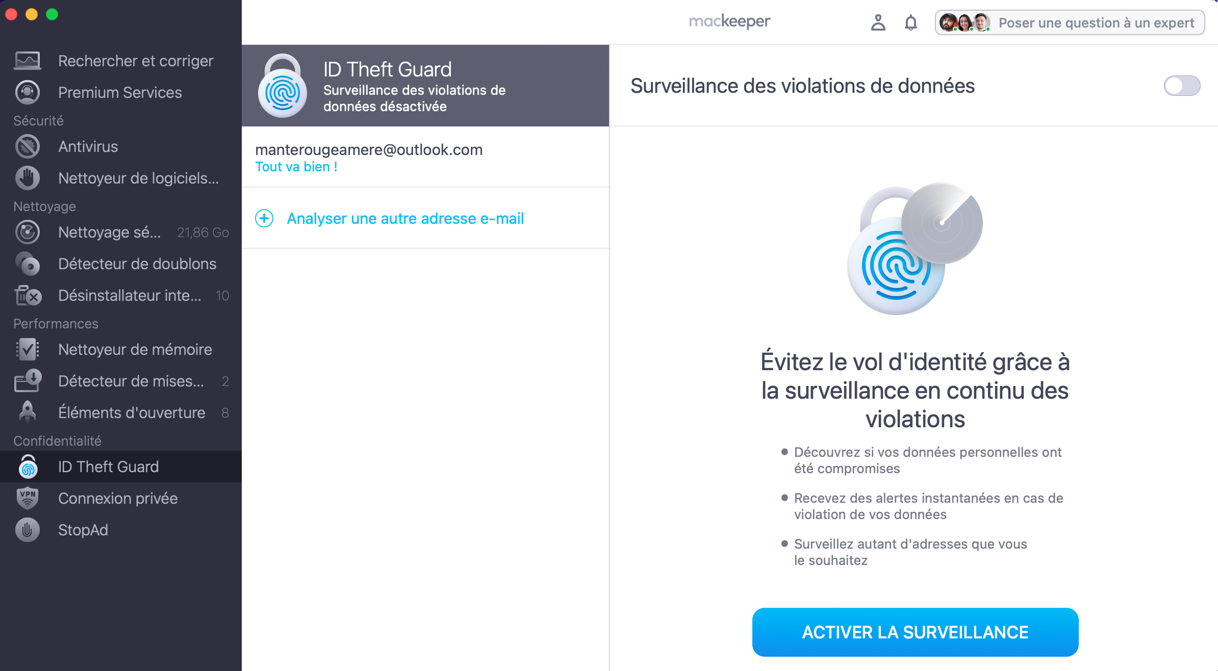Pour vous protéger contre les violations de données, lancez MacKeeper et sélectionnez ID Theft Guard, puis cliquez sur Analyser une autre adresse email.