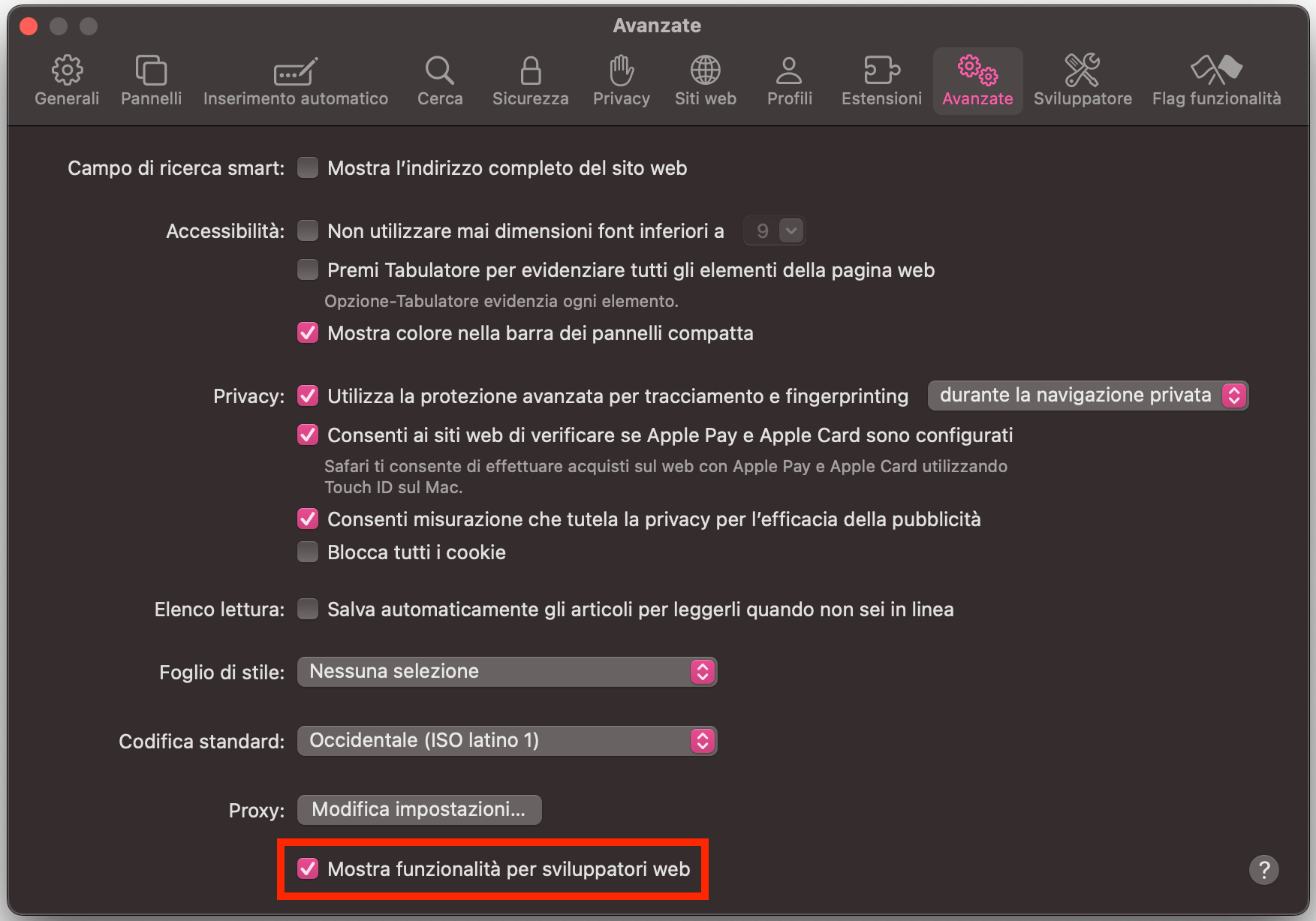 Il menu Impostazioni Avanzate di Safari. Mostra funzionalità per sviluppatori web è selezionato. Come reimpostare Safari, come parte di una guida su come bloccare i falsi pop-up McAfee su Mac.